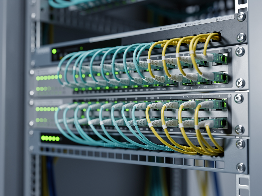 Close-up of enterprise network switches with fiber optic cables connected, status LEDs glowing green, housed in a professional server rack with cable management panels