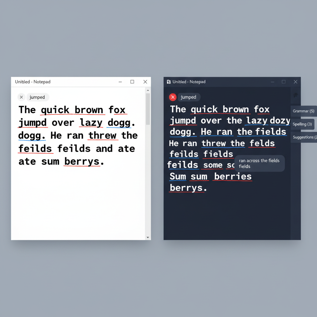 A split screen showing a basic Windows notepad window on the left with a few misspelled words, and a sophisticated writing assistant interface on the right highlighting grammar errors and offering rephrasing suggestions