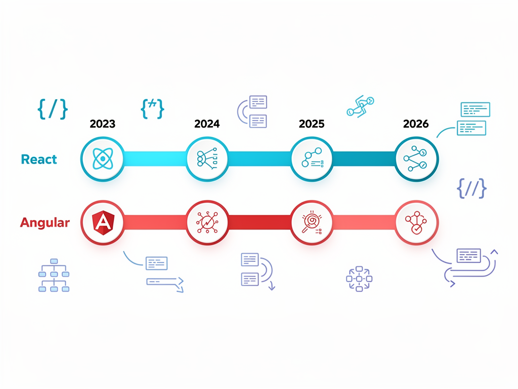 Timeline infographic showing React and Angular major version releases from 2023 to 2026 with key features highlighted, demonstrating the evolution trajectory of both frameworks with clean icons and visual timeline elements