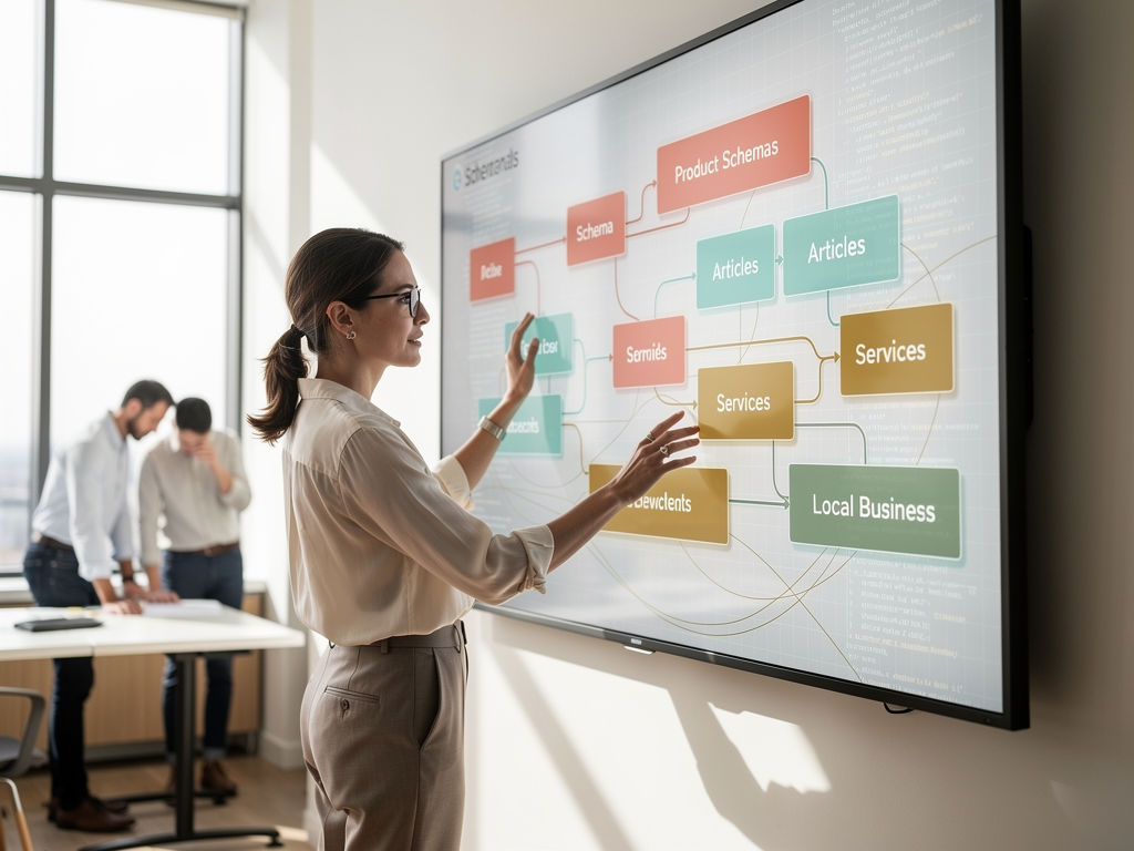 A content strategist mapping different schema types to website pages on a large digital planning board, with color-coded sections for products, articles, services, and local business information, collaborative office environment with team members visible in background