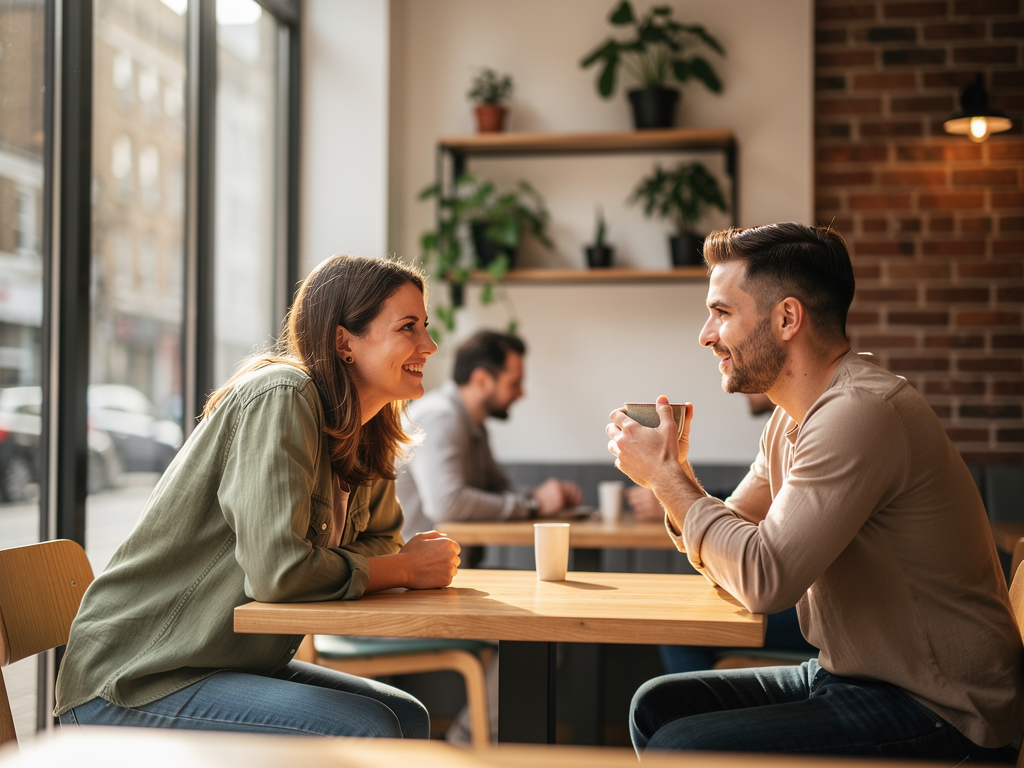 Two friends having a supportive conversation over coffee in a bright, modern British café, one listening attentively while the other speaks. The scene conveys warmth, genuine connection, and the comfort of balanced, reciprocal friendship.