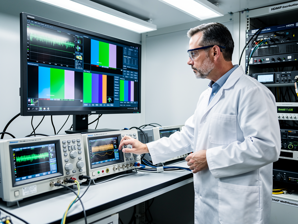 A quality assurance engineer using specialized test equipment to measure video latency on a professional monitor, with waveform displays and measurement readouts visible, laboratory-style testing environment