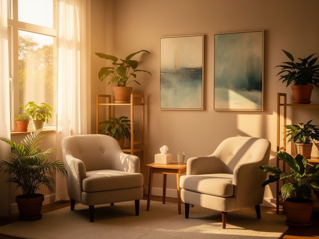 A welcoming therapy office with comfortable chairs, soft lighting, plants on shelves, and calming artwork, representing a safe space for professional mental health support