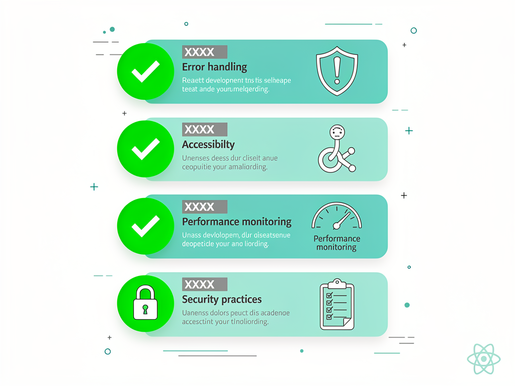 Checklist infographic showing React best practices for SaaS development, with checkmark icons next to items like proper error handling, accessibility compliance, performance monitoring, security practices, and testing coverage, using a clean card-based design with green checkmarks and brief explanations