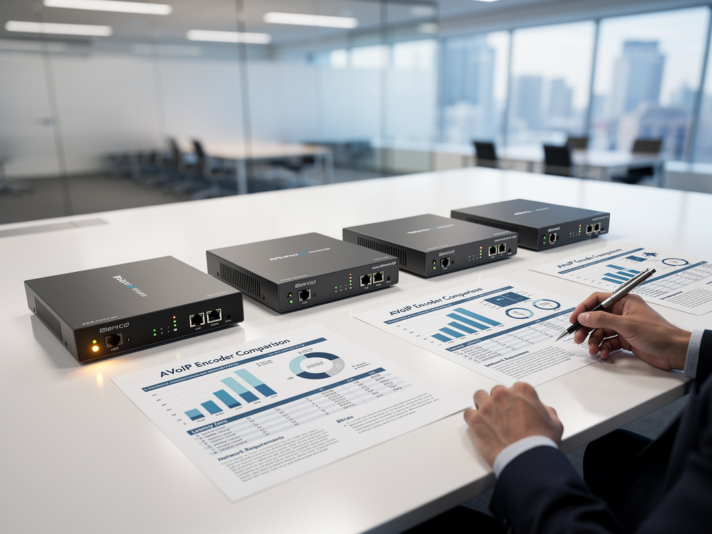 A comparison display showing multiple AVoIP encoders from different manufacturers arranged on a conference table, with specification sheets visible, highlighting the decision-making process for protocol selection