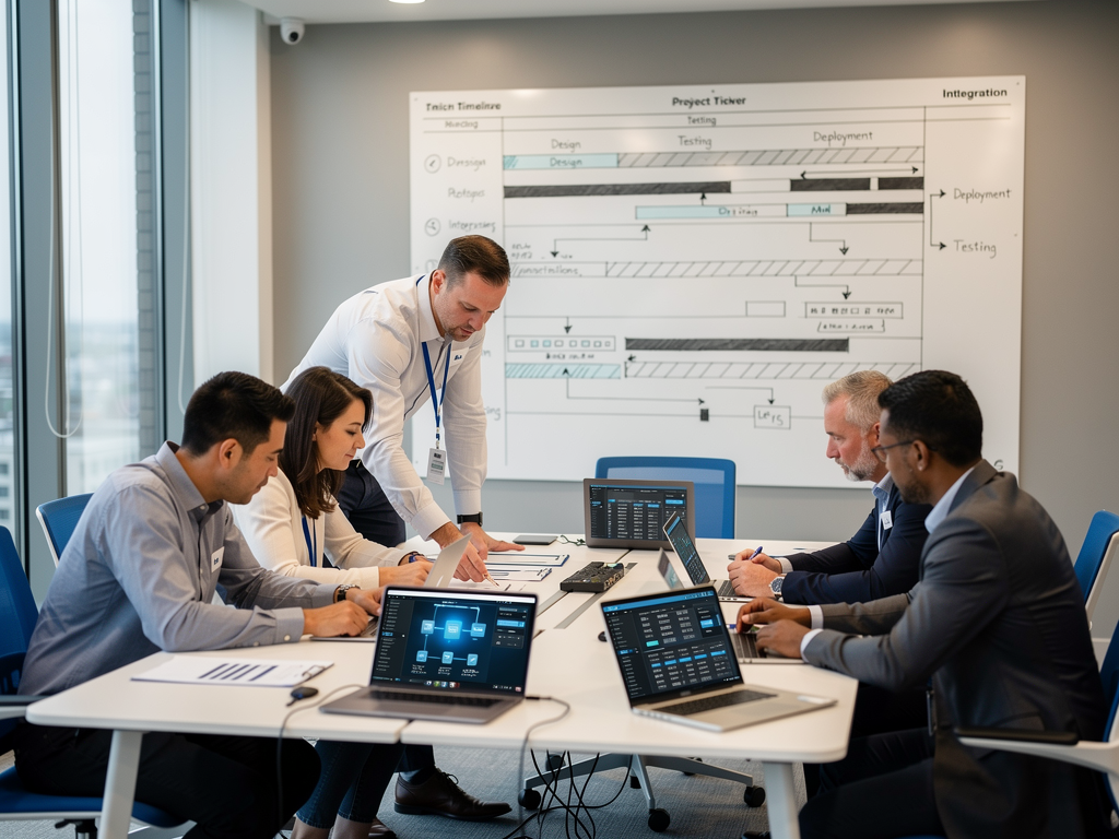 A collaborative meeting between AV integrators and IT professionals around a conference table, reviewing network diagrams and equipment specifications on tablets and laptops, whiteboard in background showing project timeline and integration milestones, professional office setting with natural lighting