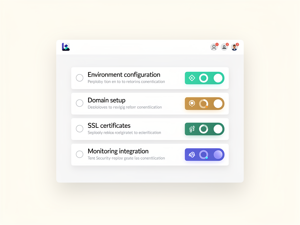 Production deployment checklist displayed as an interactive component with checkboxes for environment configuration, domain setup, SSL certificates, monitoring integration, and security review, with progress indicators and status badges, rendered in a clean UI design