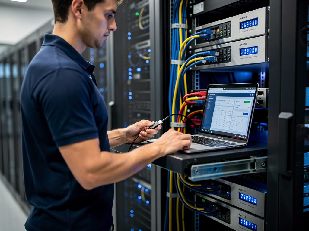 A maintenance technician performing firmware updates on rack-mounted AVoIP equipment in a server room, laptop connected for configuration, organized cable management visible, professional technical environment with proper lighting
