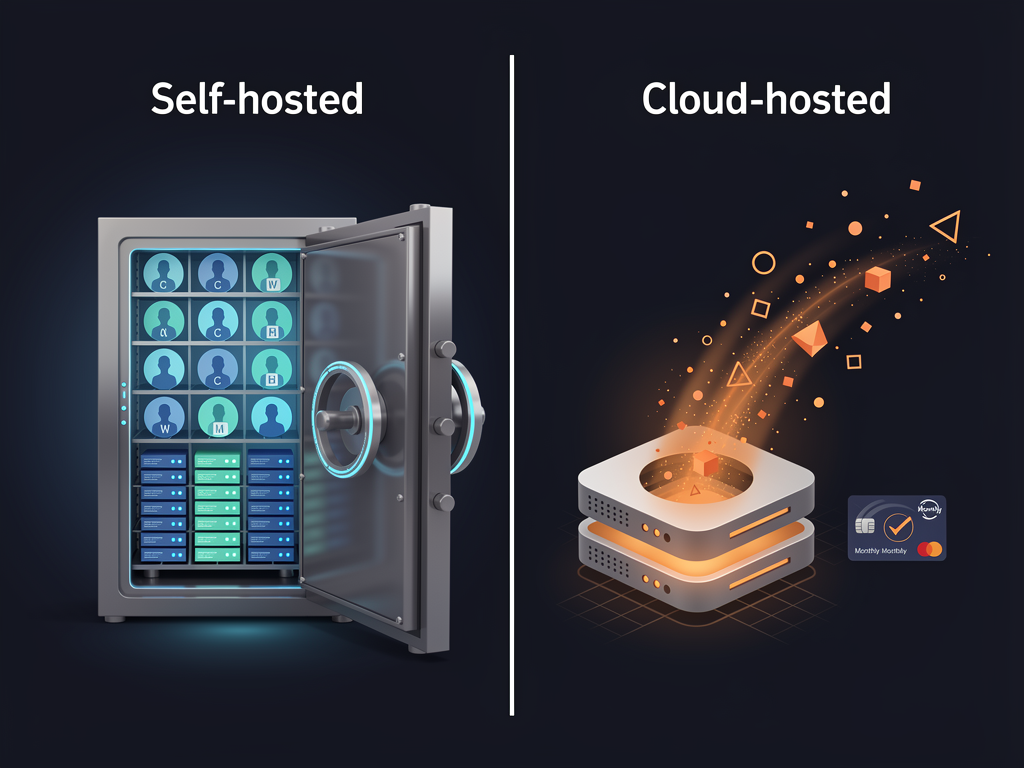 Conceptual illustration showing data ownership comparison, with one side depicting a secure vault labeled 'Your Database' containing user records under your control, and the other side showing user data flowing to a cloud service labeled 'Third-Party Infrastructure' with a subscription meter, rendered in a modern infographic style with blue and orange accent colors