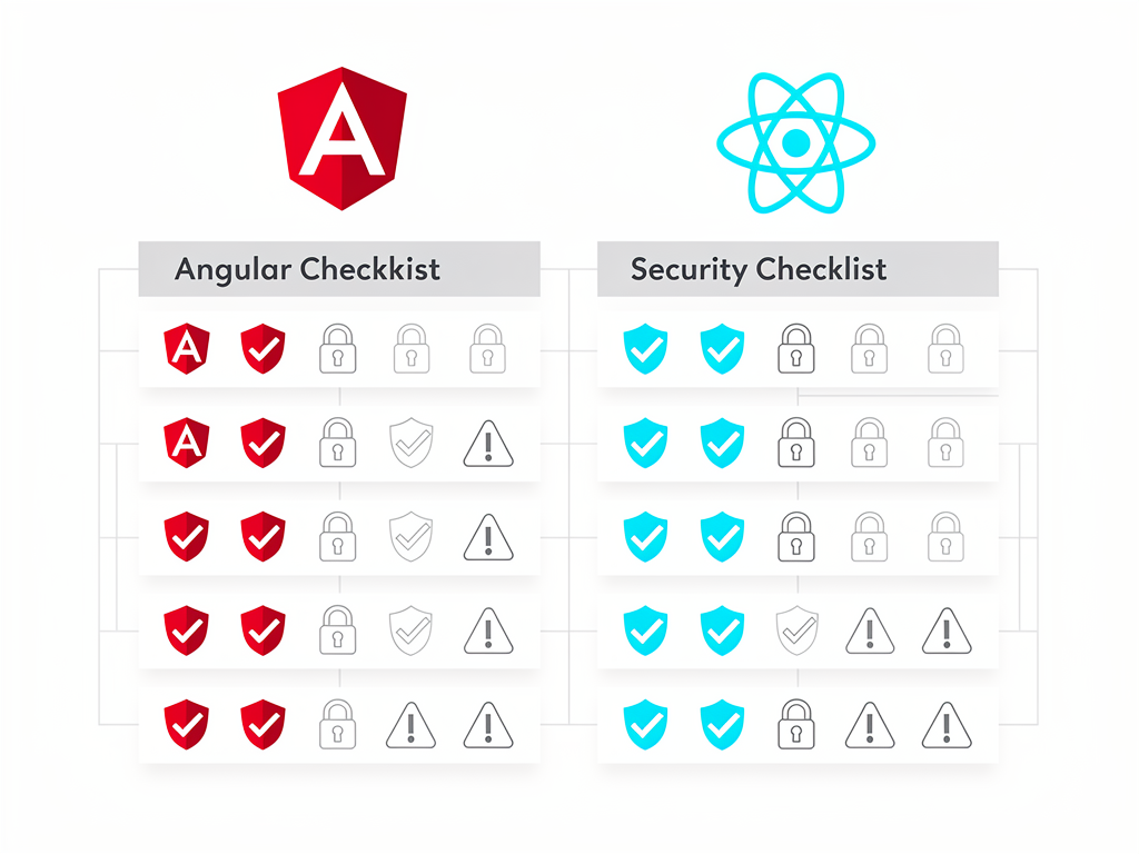 Security checklist infographic showing common SaaS security requirements with checkmarks indicating which features are built into Angular versus requiring additional implementation in React, with clean icons and visual hierarchy