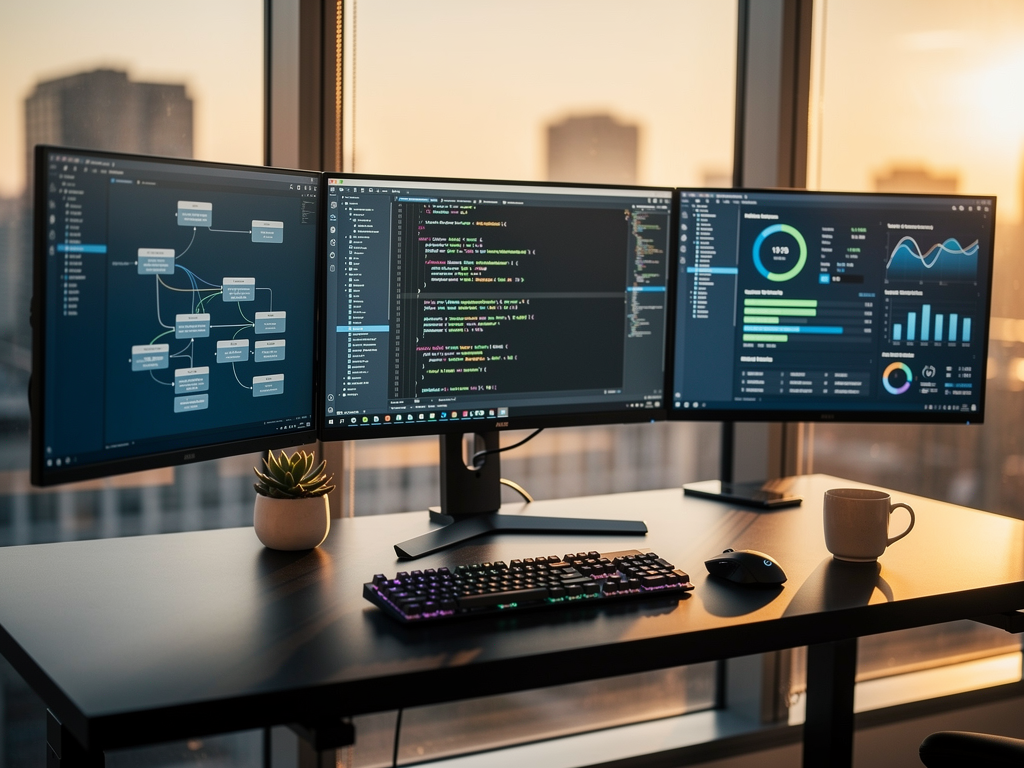 Modern software development workspace showing multiple monitors displaying code editors, database schemas, and deployment dashboards, with warm ambient lighting creating a productive atmosphere for rapid application development