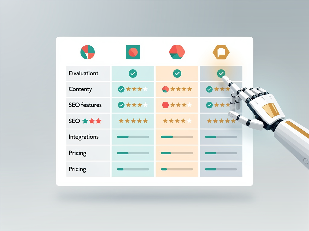 Feature comparison matrix showing different AI content platforms evaluated across criteria including content quality, SEO optimization, CMS integration, image generation, pricing tiers, and support options, using checkmarks and ratings with platform logos in column headers