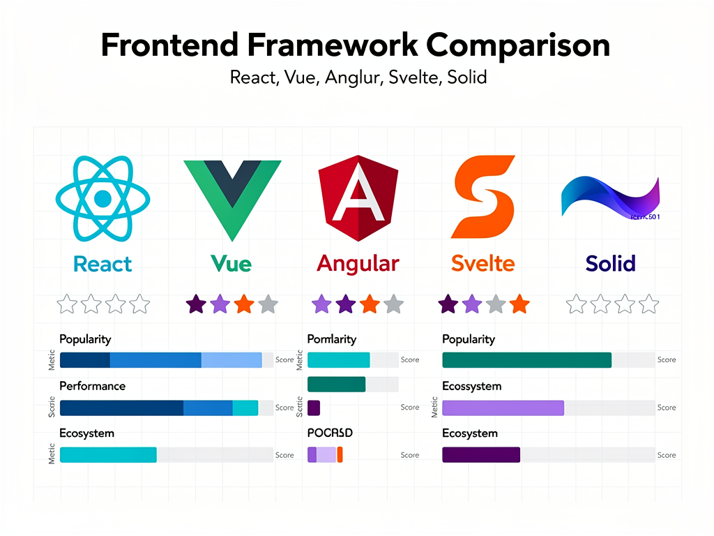 Comparison chart of frontend frameworks including React, Vue, Angular, Svelte, and Solid, with columns for learning curve, ecosystem size, performance, TypeScript support, and job market, using star ratings and color-coded indicators to show relative strengths