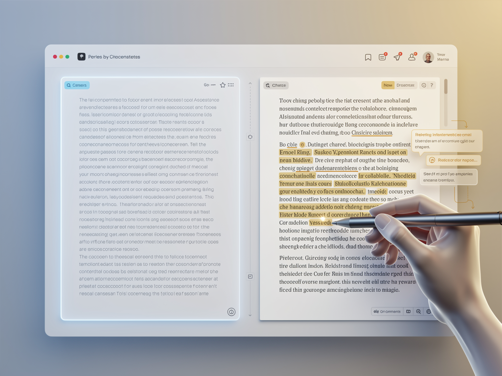 A split-screen comparison showing an AI-generated article draft on the left and the same article after human review and editing on the right, with tracked changes highlighting the specific improvements made. The visualization demonstrates the collaborative relationship between autonomous generation and human oversight.