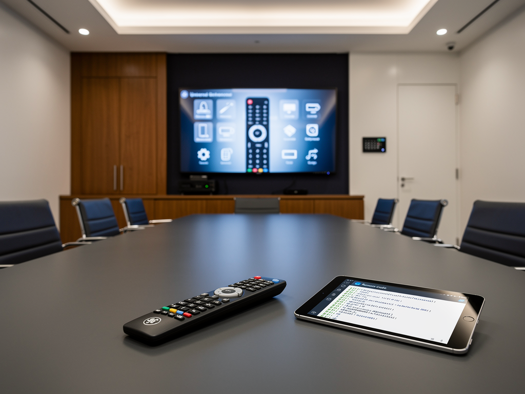 A completed secure briefing room installation with professional displays, concealed AVoIP equipment, elegant furniture, and subtle security features, photographed with balanced lighting showing the polished final result