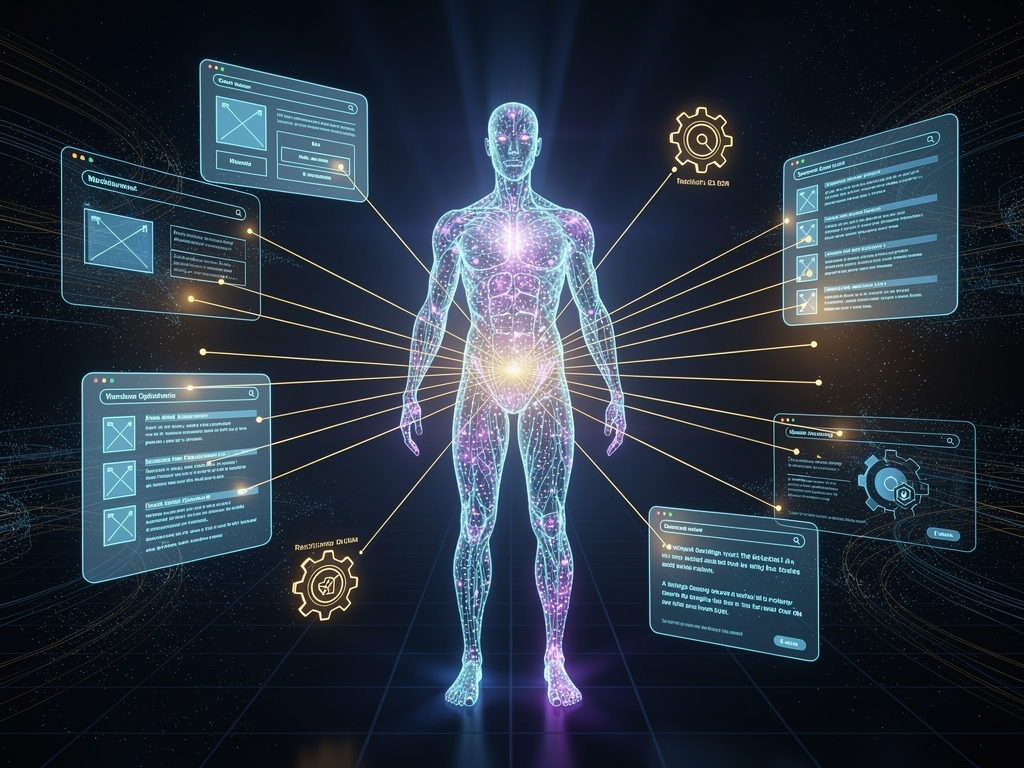 Abstract visualization of an autonomous AI agent represented as a glowing neural network making connections between website elements, search engine signals, and optimization actions in a flowing, dynamic composition