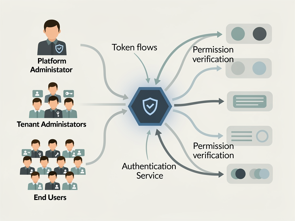 Diagram showing multi-tenant authentication flow with platform users, tenant administrators, and end users connecting through a central authentication service, with arrows indicating token flows and permission checks, clean technical illustration style