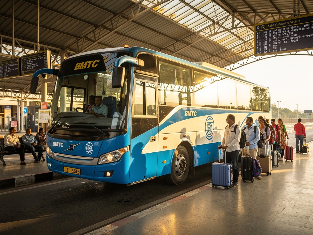 Modern air-conditioned Volvo bus with blue and white BMTC livery parked at a covered bus terminal, passengers boarding with rolling suitcases, bright morning light illuminating the scene