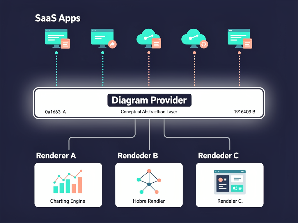 Architecture diagram showing abstraction layer pattern with application components at top connecting to a DiagramProvider interface in the middle, which then connects to interchangeable rendering implementations including Mermaid, D3, and custom SVG renderer at the bottom