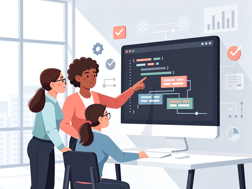 Team collaboration scene showing developers reviewing code on a large monitor, with visible React component code that demonstrates clean, simple patterns without manual optimization, modern office environment with natural lighting and collaborative workspace setup