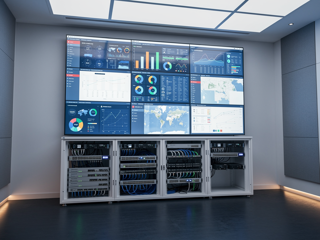 A modern corporate control room featuring a large video wall display with multiple screens showing data visualizations, with network switches and AVoIP equipment visible in a professional rack installation beneath soft overhead lighting