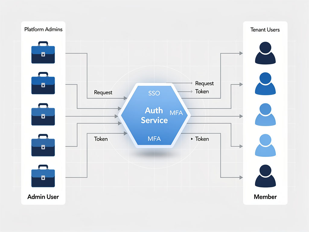 Flowchart diagram showing dual authentication architecture with platform users on one side and tenant member users on the other, connected through a central authentication service, clean technical illustration style with blue and white color scheme