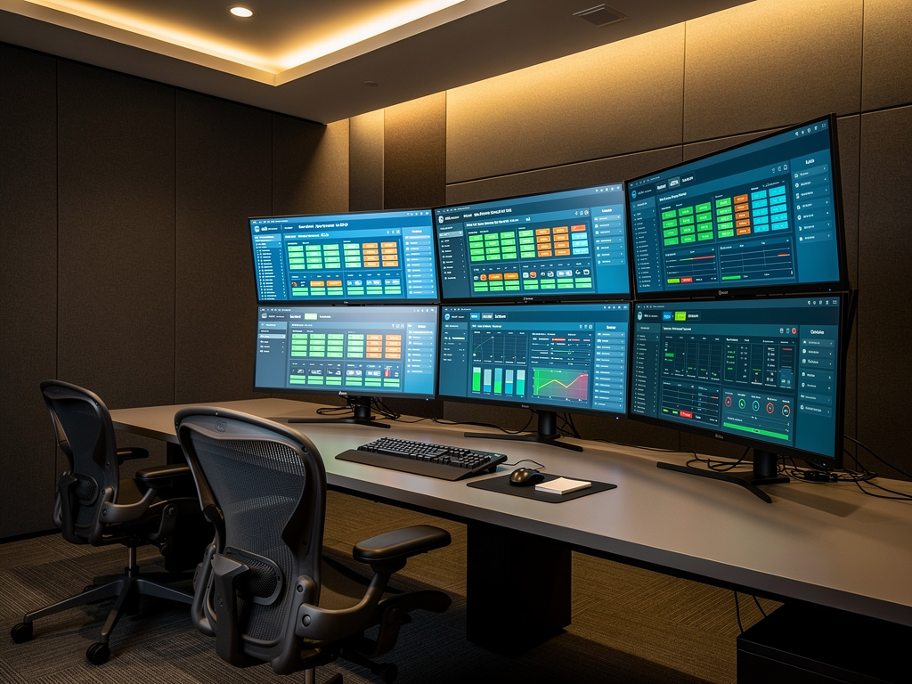 A control room operator station with multiple monitors displaying AVoIP management software interfaces. The screens show device status dashboards, routing matrices, and network health indicators. Soft ambient lighting and ergonomic furniture create a comfortable monitoring environment for extended operations.