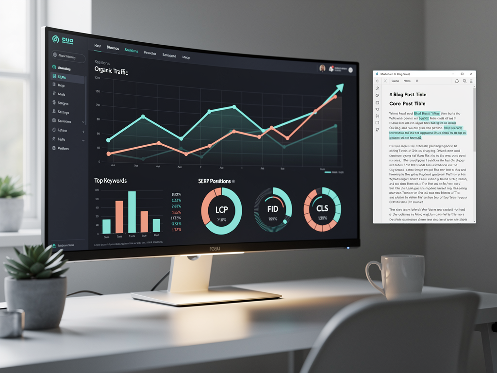 SEO analytics dashboard showing organic traffic growth chart, keyword ranking positions, and Core Web Vitals scores, with a blog post editor visible in a secondary panel demonstrating MDX content creation