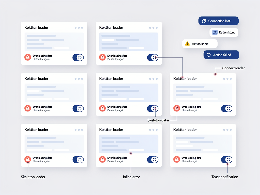 User interface mockups showing different loading and error states in a SaaS dashboard, including skeleton loaders, inline error messages, toast notifications, and retry buttons, presented in a clean UI design infographic format with annotations
