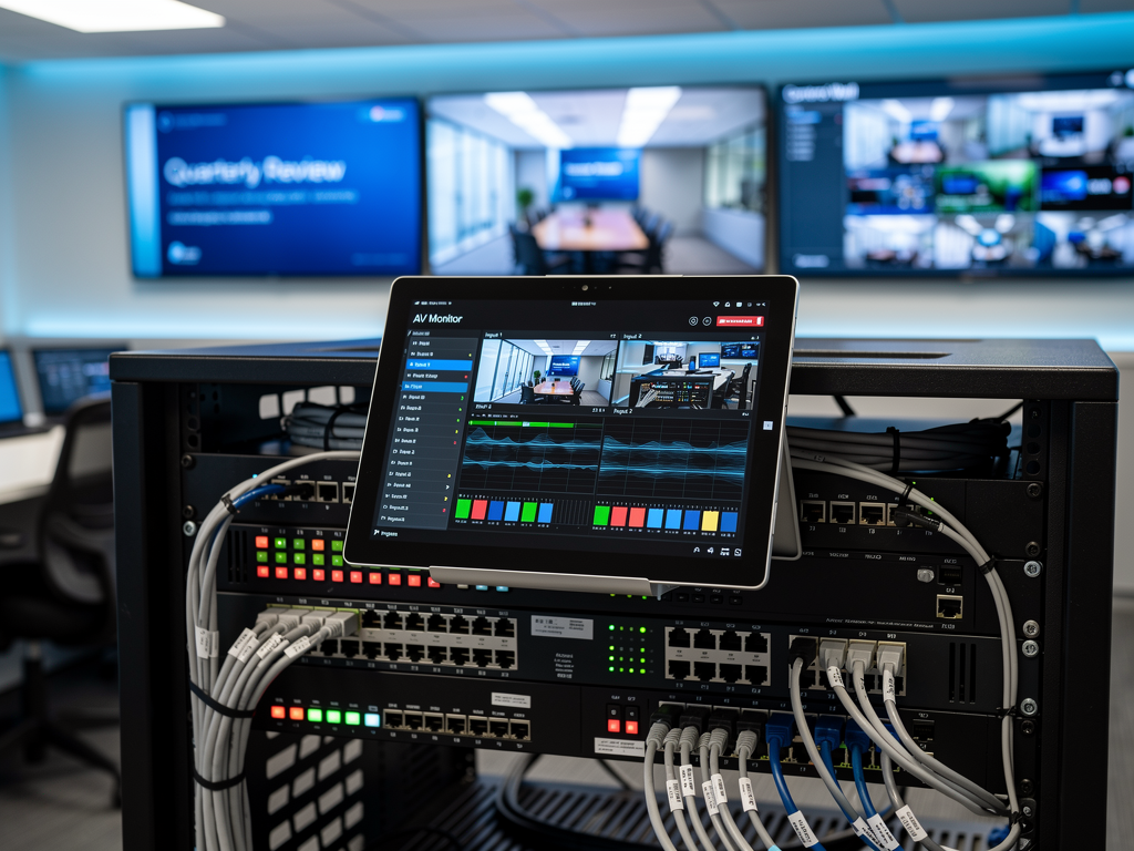 Modern corporate AV control room featuring both traditional matrix switchers and network switches working together, professional lighting illuminating rack-mounted equipment with cable management visible, technical environment with multiple monitoring displays showing various video feeds