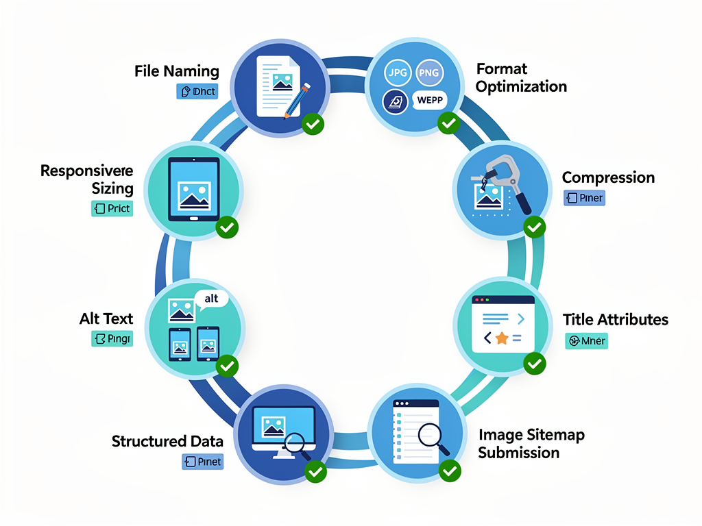 Comprehensive image SEO checklist displayed as an infographic with eight connected elements arranged in a circular flow: file naming, format optimization, compression, responsive sizing, alt text, title attributes, structured data, and image sitemap submission, each with a brief description and checkmark indicator