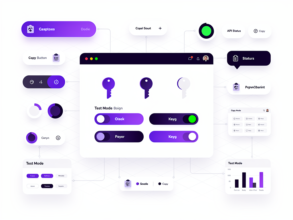 Screenshot of Stripe Dashboard showing the API keys section with test mode enabled, displaying publishable and secret keys with copy buttons, in the modern Stripe interface design