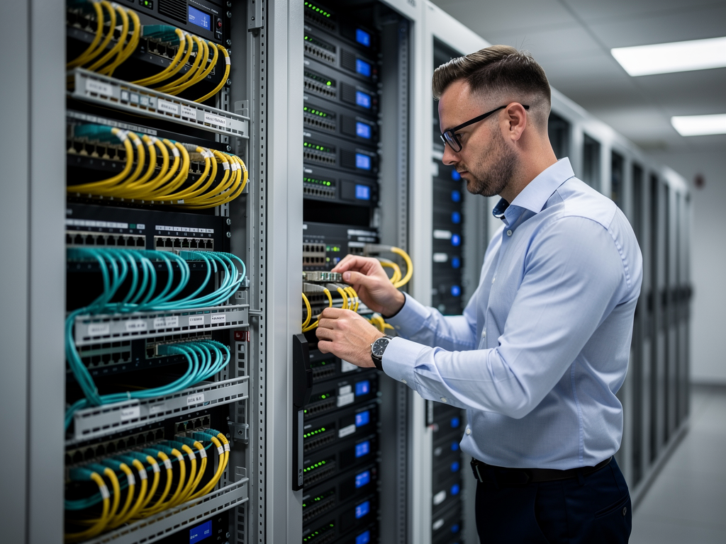 An IT professional configuring a large network switch in a server room, multiple fiber optic cables neatly organized in cable management systems, status lights blinking on networking equipment, focused concentration visible on the technician's face