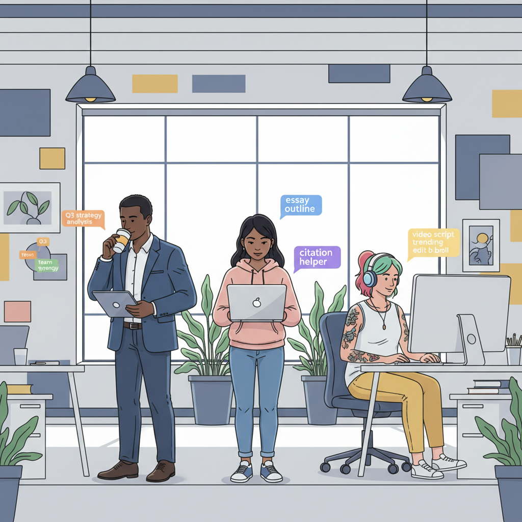 A diverse group of people, including a student, a business professional, and a content creator, all using laptops and appearing productive. Predictive text suggestions are subtly displayed on their screens, illustrating wide applicability.