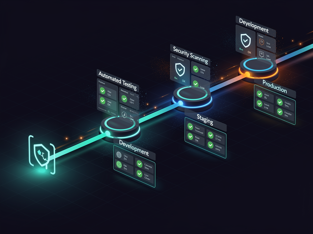 CI/CD pipeline visualization showing code commit triggering automated tests, security scans, and staged deployments across development, staging, and production environments with status indicators and timing metrics