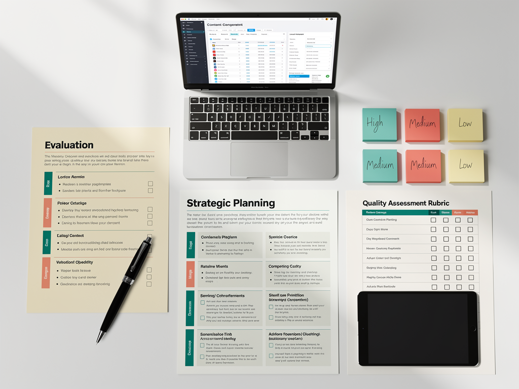 Strategic planning worksheet showing evaluation criteria for choosing between manual and automated content creation, including sections for volume needs, quality requirements, budget constraints, team capabilities, and competitive analysis