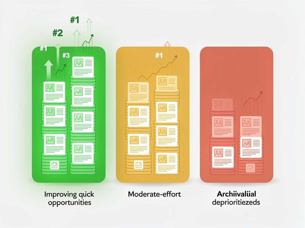 Three-column infographic showing content prioritization buckets, with Bucket One labeled Quick Wins in green showing pages ranking positions 4-20, Bucket Two labeled Strategic Investments in yellow showing pages needing substantial work, and Bucket Three labeled Archive or Consolidate in red showing low-potential content, each with example metrics and decision criteria
