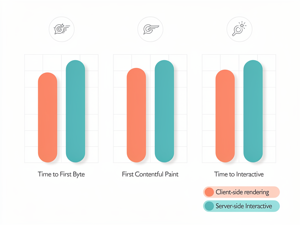 Data visualization showing performance metrics comparison between client-side and server-side rendered applications, with bar charts displaying Time to First Byte, First Contentful Paint, and Time to Interactive measurements, using clean infographic styling with contrasting colors for each rendering approach