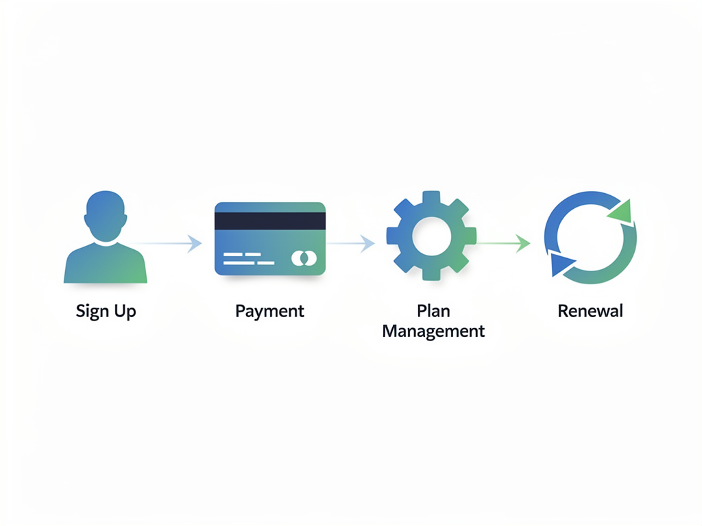 Data visualization showing subscription lifecycle flow from signup through payment processing, plan management, and renewal, with icons representing each stage connected by arrows, clean infographic style with blue and green color scheme