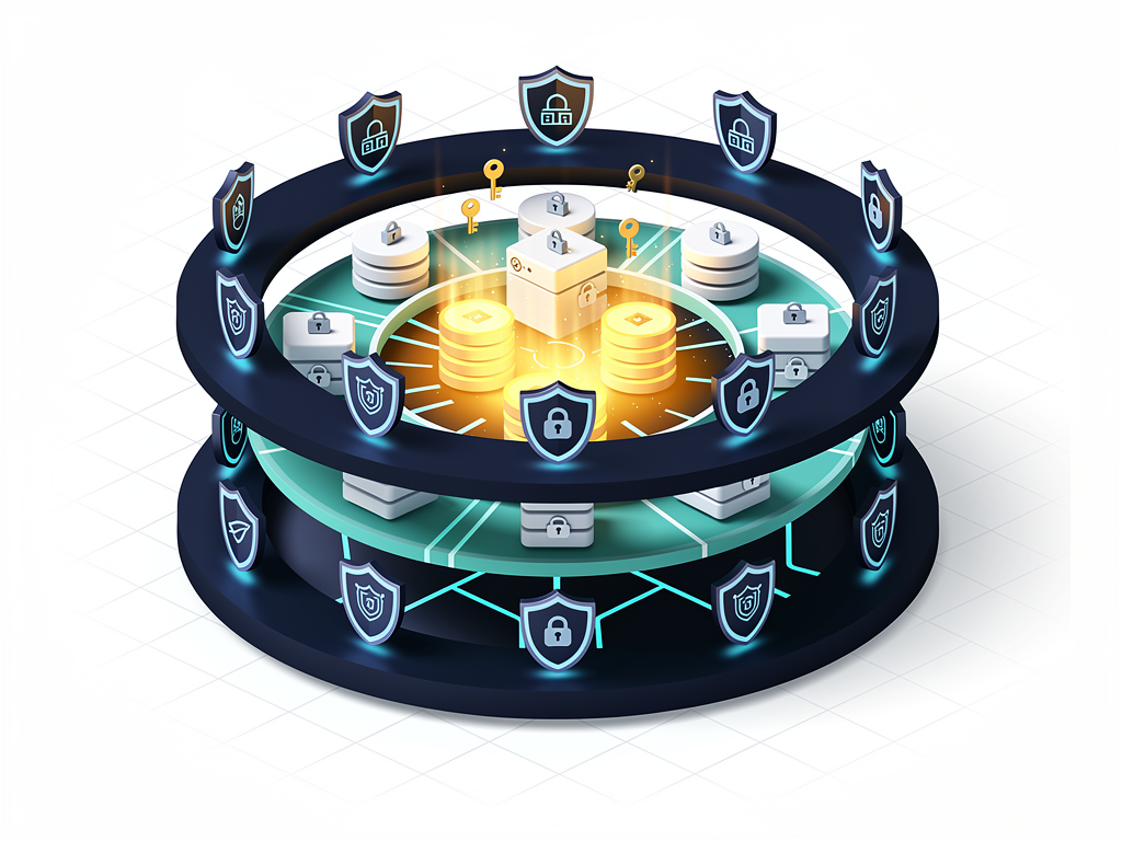 Security architecture diagram showing layered protection with authentication at the perimeter, tenant isolation in the middle layer, and encrypted data storage at the core, with icons representing firewalls, access controls, and encryption keys arranged in concentric circles