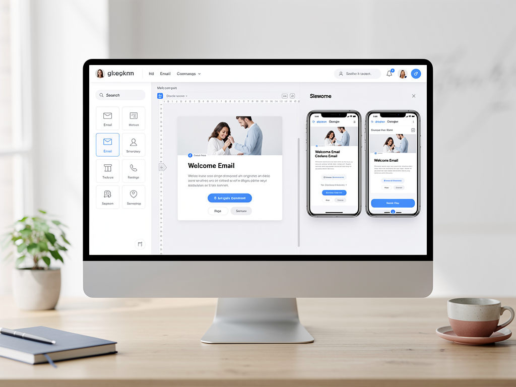 Email template editor interface showing a welcome email being customized with drag-and-drop components, preview pane showing mobile and desktop versions side by side, clean modern UI design