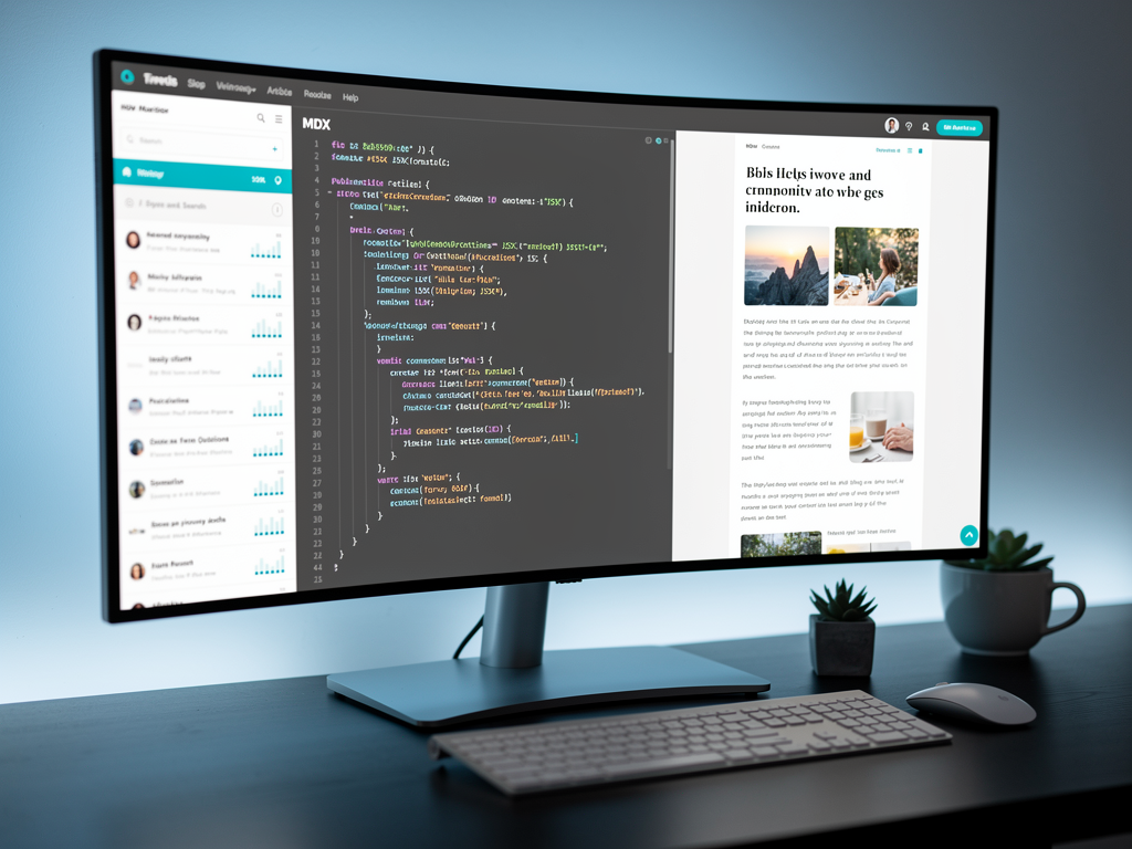 Blog content management interface showing MDX editor with live preview, frontmatter fields for SEO metadata, and sidebar displaying published articles with view counts and engagement metrics