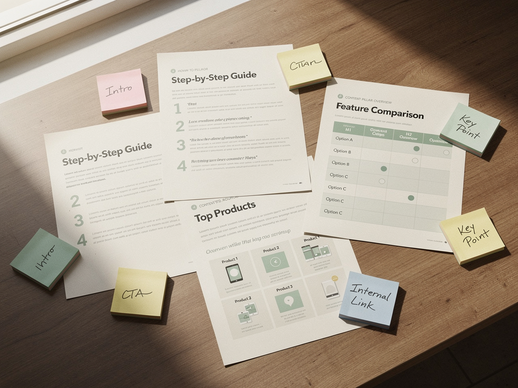 A content strategist's desk showing printed examples of different content types: a how-to guide with numbered steps, a comparison table, a pillar page outline, and a product roundup. Color-coded sticky notes indicate different structural elements required for each format.