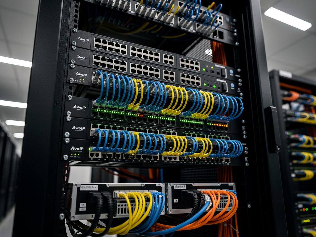 A detailed view of a network switch rack configured for AVoIP sports broadcasting, showing organized fiber and copper connections with color-coded cabling. Status LEDs indicate active connections, and cable management systems keep the installation clean and maintainable.