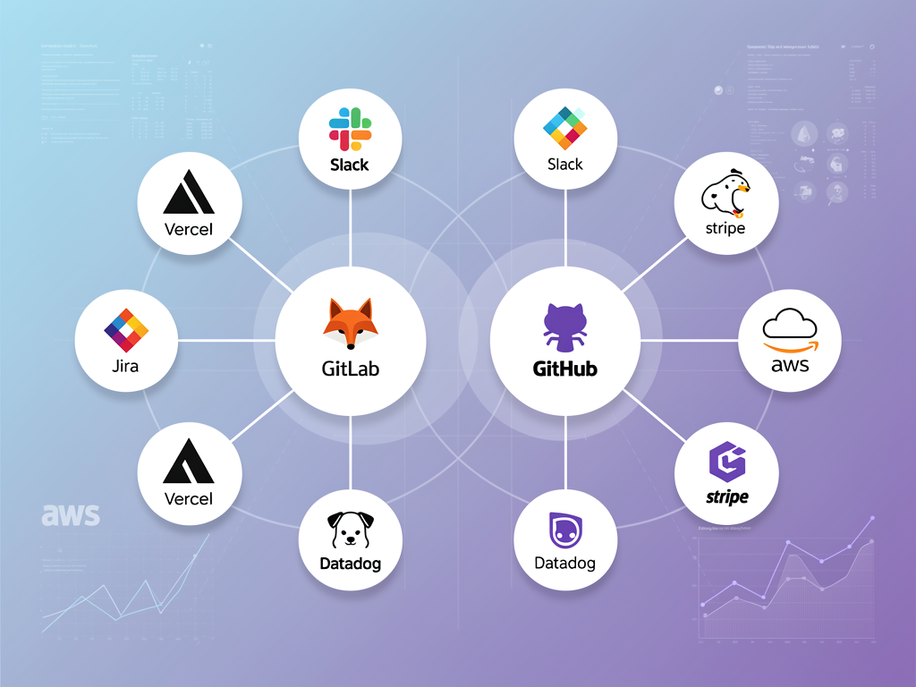Integration ecosystem diagram showing GitHub and GitLab at center with connecting lines to popular SaaS tools like Slack, Jira, Vercel, AWS, Datadog, and Stripe, using clean iconography and a hub-and-spoke visual layout