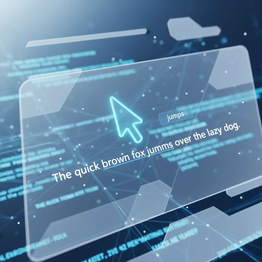 A close-up, slightly elevated perspective of a translucent, glowing blue cursor hovering over a line of text on a minimalist, futuristic Windows interface, with subtle, ethereal lines of code or data flowing in the background, illustrating the concept of autocorrect in action, soft volumetric lighting, cool blue and white color palette, professional digital illustration.