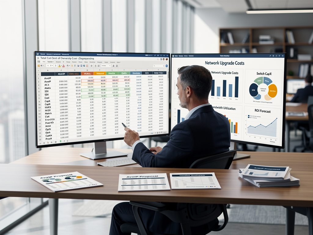 A financial analyst reviewing AVoIP deployment cost projections on dual monitors. Spreadsheets compare total cost of ownership across different protocol options and vendor solutions. The professional office setting features natural lighting and organized documentation on the desk.