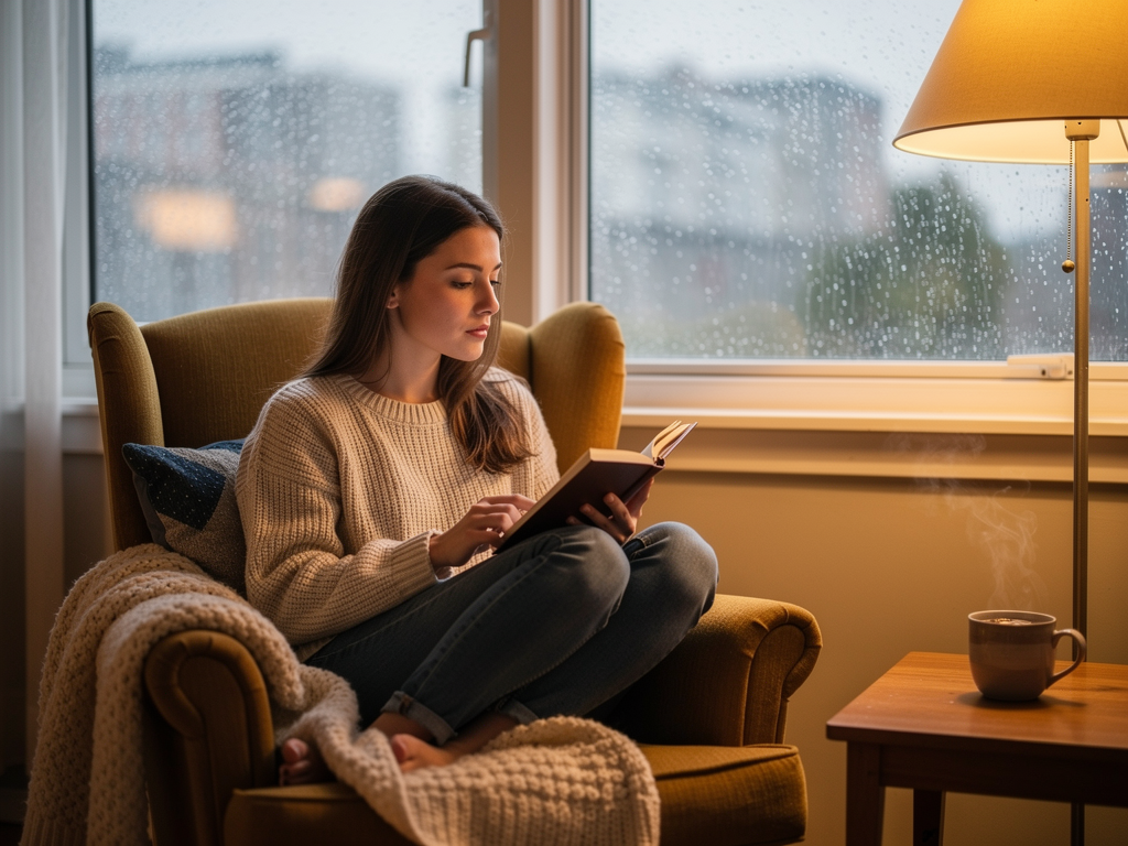 A person sitting by a window on a rainy afternoon, looking thoughtfully at a journal in their hands, soft natural light filtering through grey clouds, creating a contemplative and introspective mood with warm indoor lighting contrasting the cool exterior