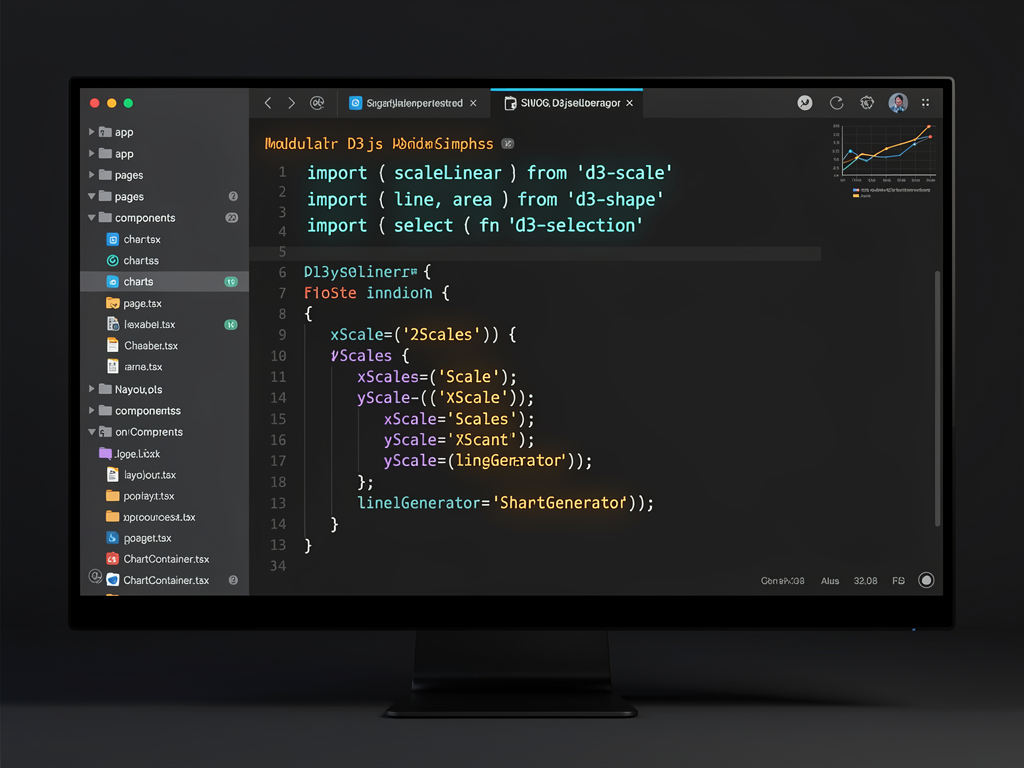 Code editor screenshot showing a Next.js project structure with D3.js imports in a components folder, featuring syntax-highlighted JavaScript code demonstrating modular D3 imports for scales, shapes, and selections with a dark theme IDE interface