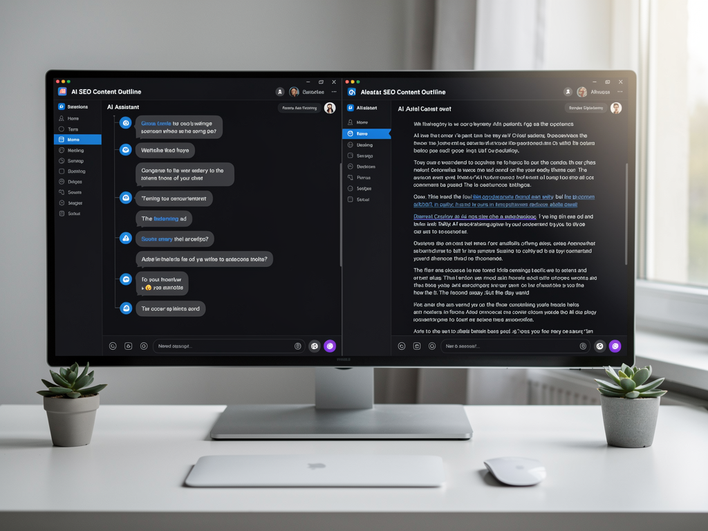 Split screen showing ChatGPT interface on the left generating an SEO content outline and Claude interface on the right editing long-form article content, both displaying professional dark mode interfaces with syntax highlighting